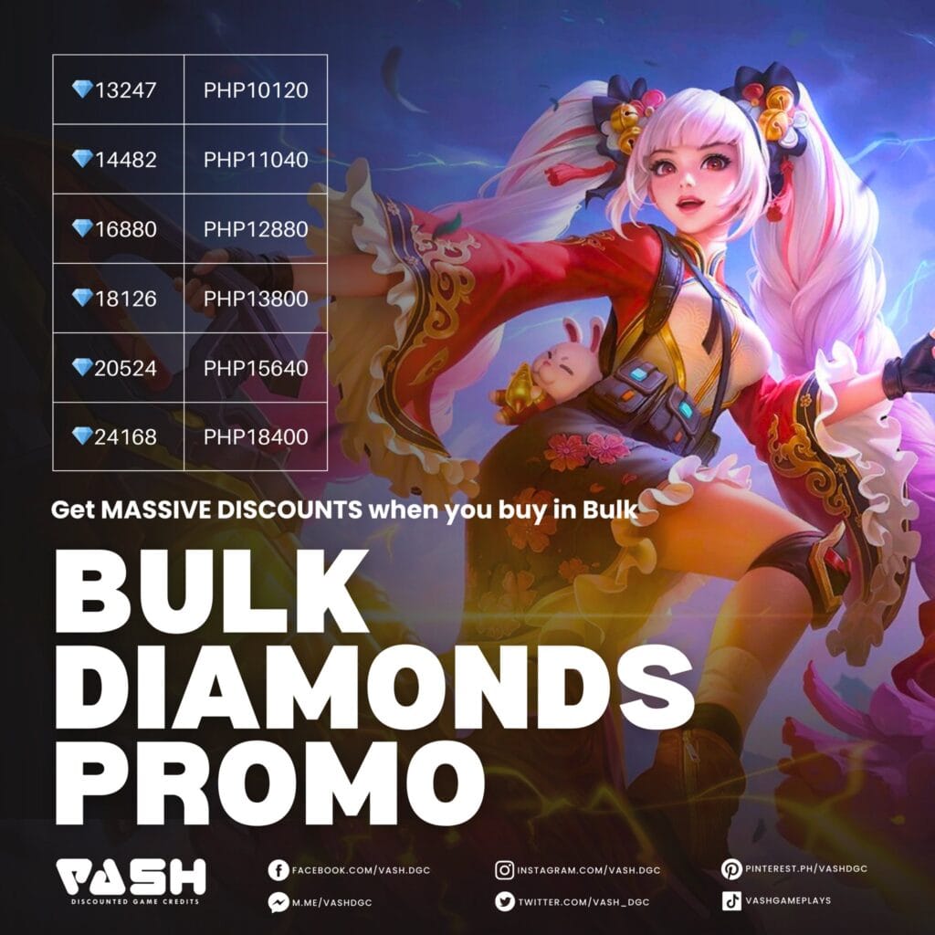 MLBB | #VASHEverydaySale on Diamonds & Weekly Diamond Pass!Only here at VASH Discounted Game Credits 3 Bulk diamonds promo