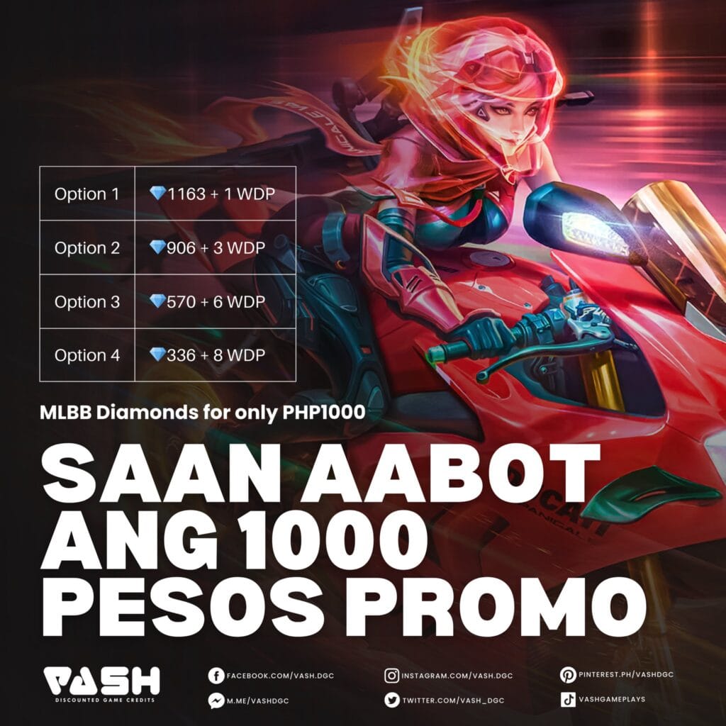 MLBB | #VASHEverydaySale on Diamonds & Weekly Diamond Pass!Only here at VASH Discounted Game Credits 2 1000 Pesos Promo