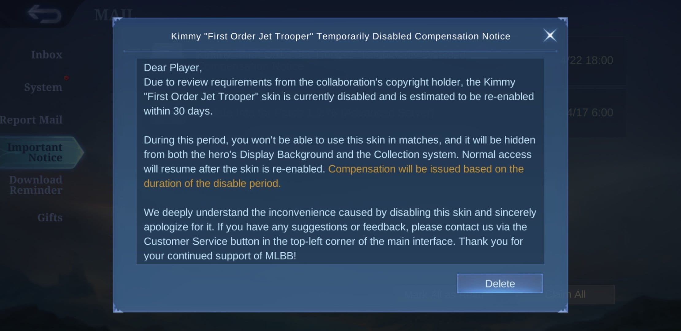 Kimmy's Star Wars Skin, First Order Jet Trooper is going to be TEMPORARILY DISABLED